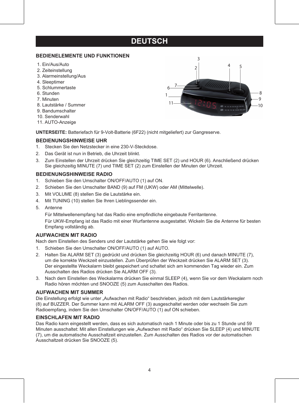 Deutsch, Anleitung (s. 4), Uhrenradio | Konig Electronic AM/FM clock radio User Manual | Page 4 / 30