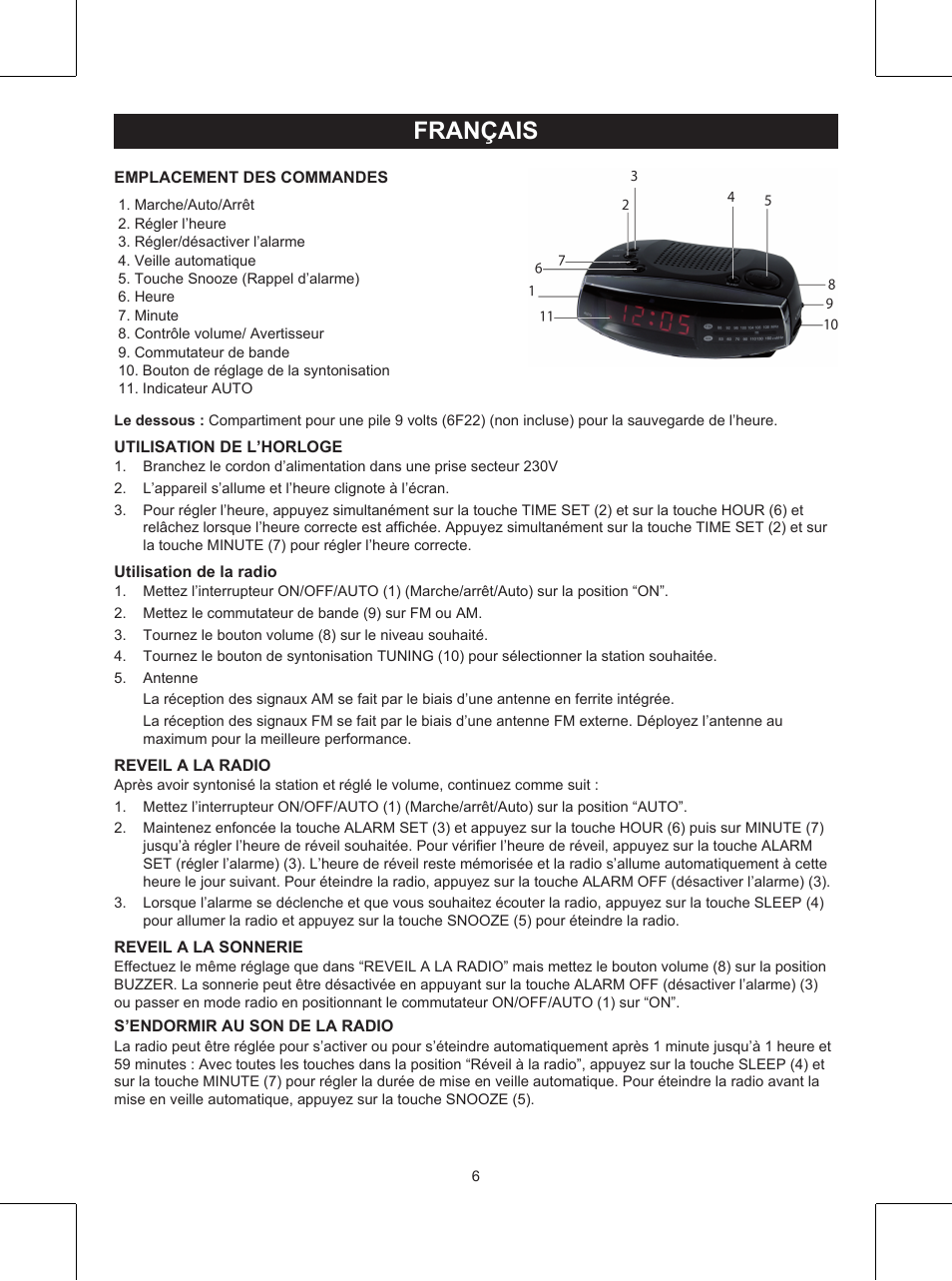 Français, Mode d’emploi (p. 6), Radio réveil | Konig Electronic AM/FM clock radio User Manual | Page 6 / 30