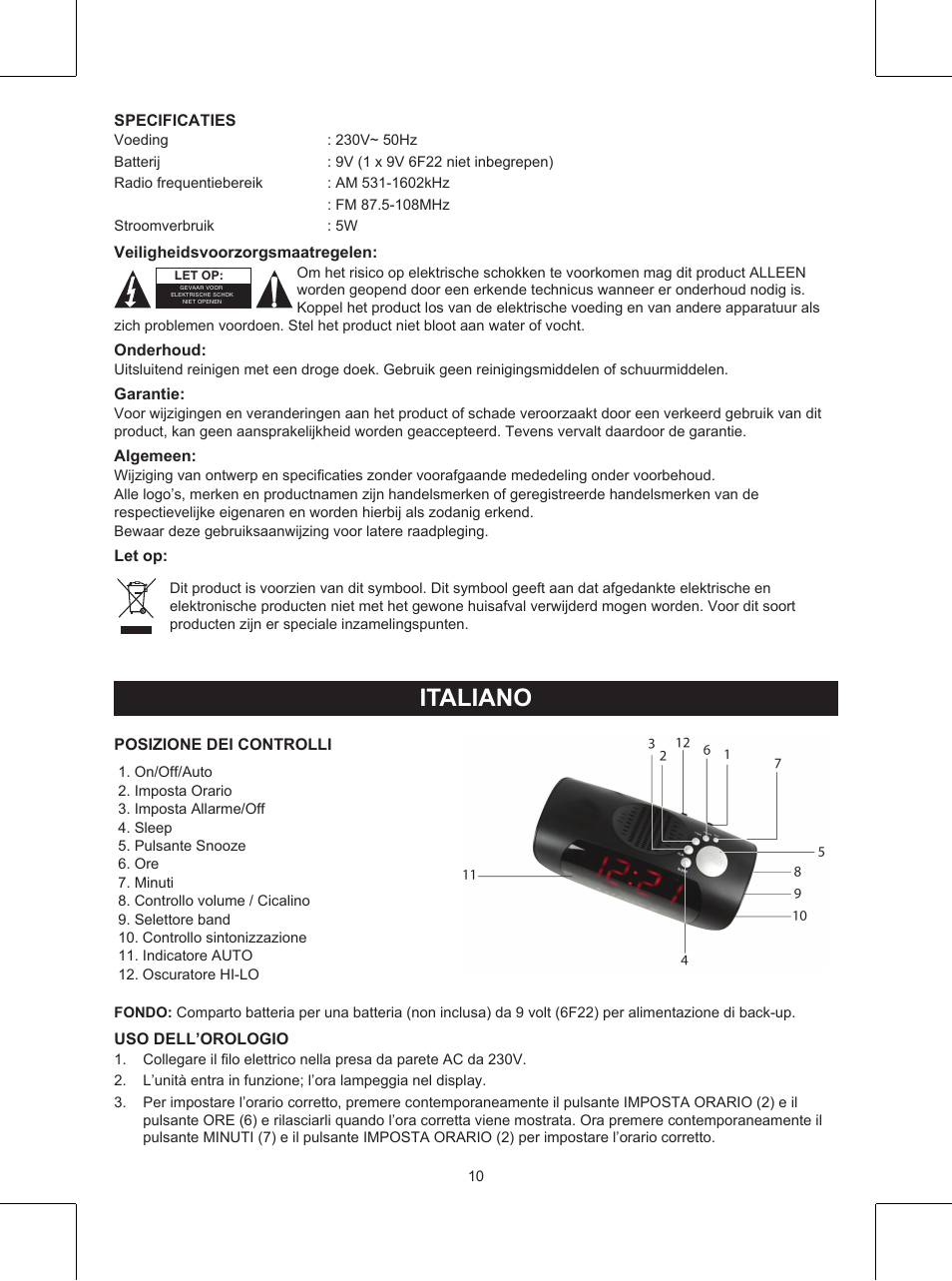 Italiano, Manuale (p. 10), Radiosveglia | Konig Electronic AM/FM clock radio with red LED User Manual | Page 10 / 32