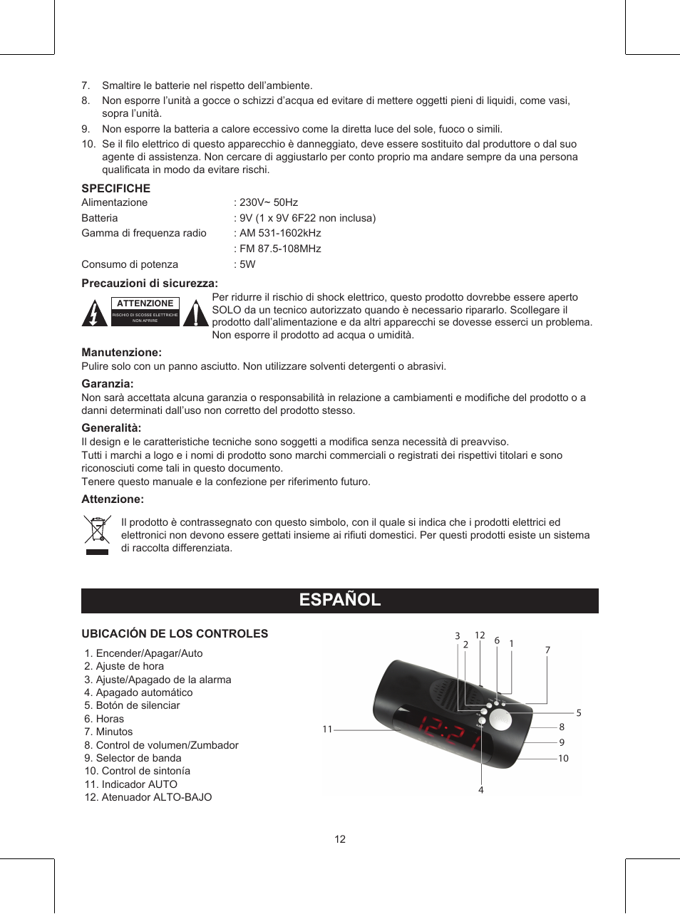 Español, Manual de uso (p. 12), Radio reloj | Konig Electronic AM/FM clock radio with red LED User Manual | Page 12 / 32