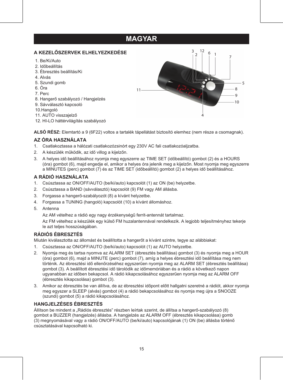 Magyar, Használati útmutató (o. 15.), Órás rádió | Konig Electronic AM/FM clock radio with red LED User Manual | Page 15 / 32