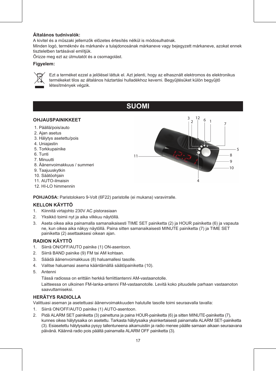 Suomi, Käyttöohje (s. 17), Kelloradio | Konig Electronic AM/FM clock radio with red LED User Manual | Page 17 / 32