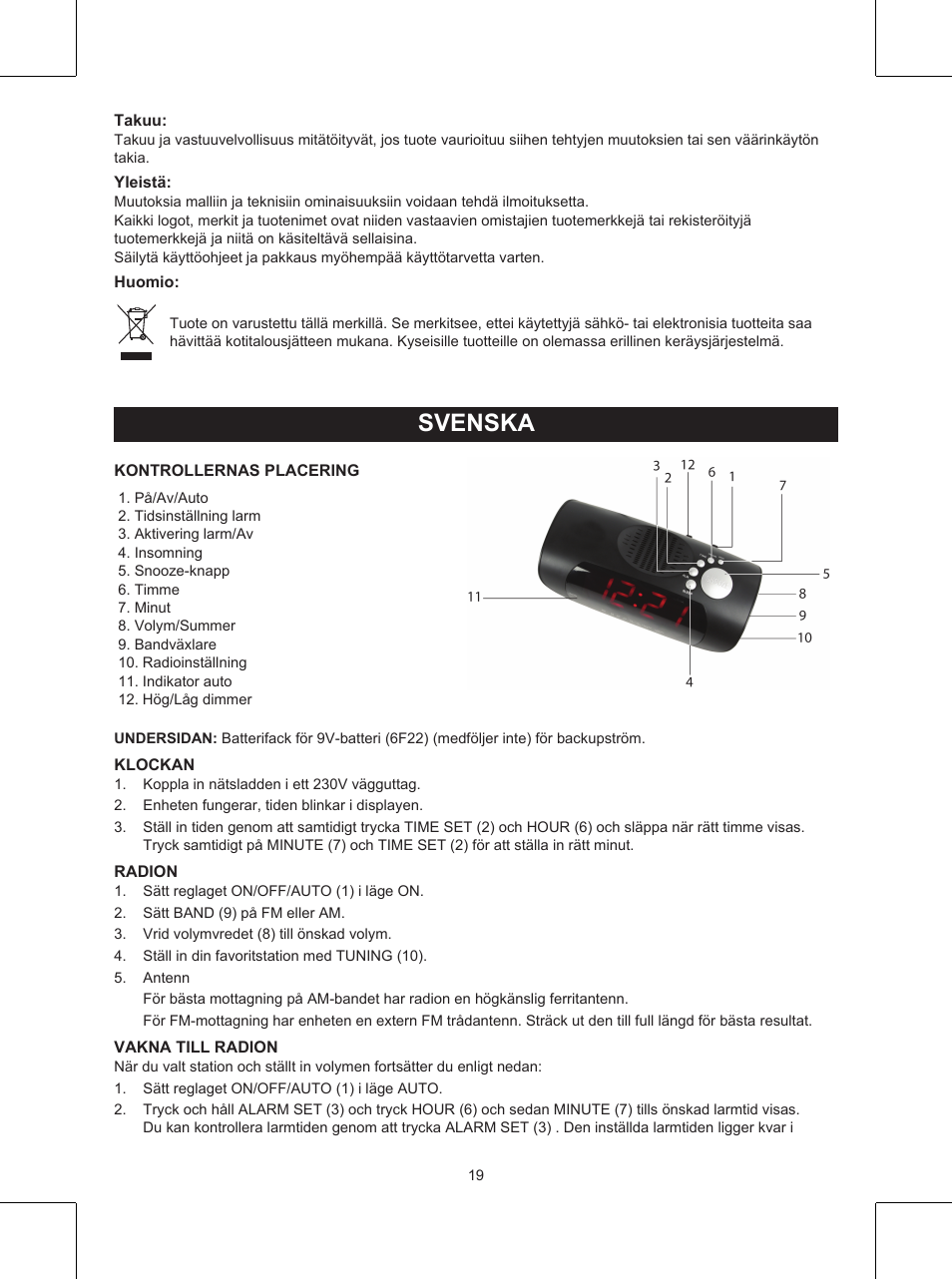 Svenska, Bruksanvisning (s. 19), Klockradio | Konig Electronic AM/FM clock radio with red LED User Manual | Page 19 / 32