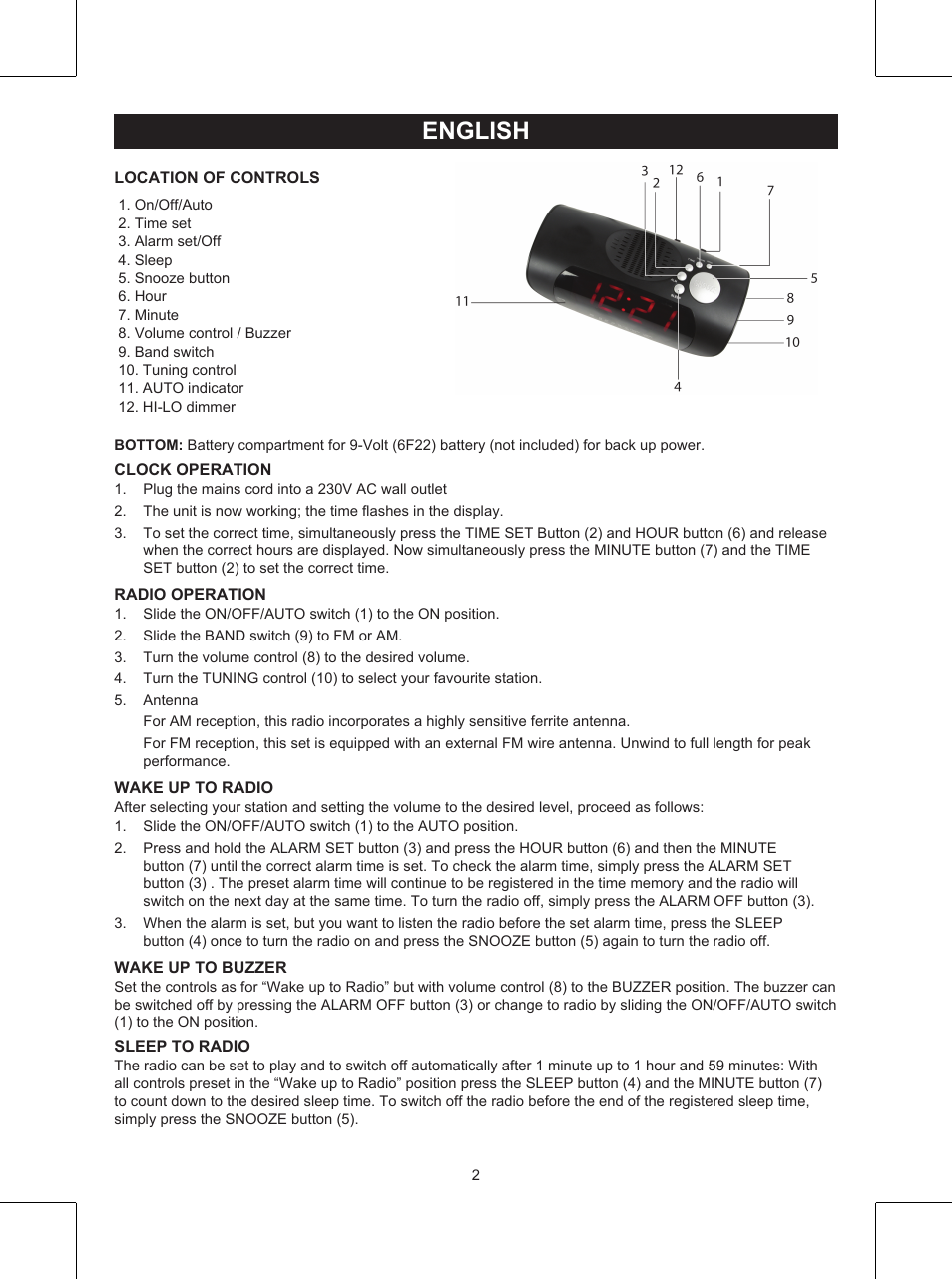 English, Manual (p. 2), Clock radio | Konig Electronic AM/FM clock radio with red LED User Manual | Page 2 / 32