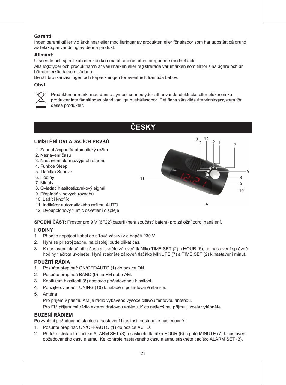 Česky, Návod k použití (s. 21), Rádio s hodinami | Konig Electronic AM/FM clock radio with red LED User Manual | Page 21 / 32