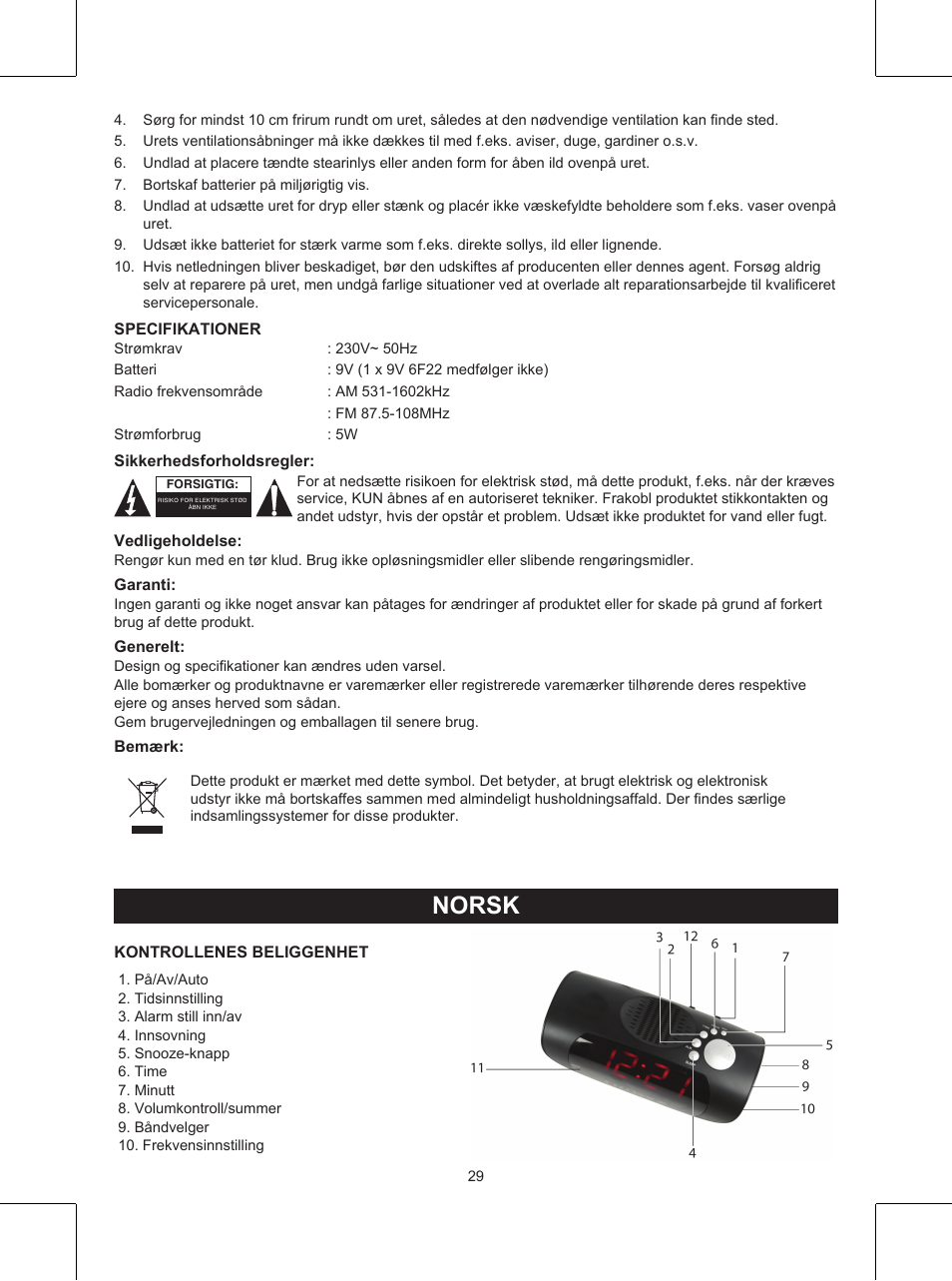 Norsk, Veiledning (σελ. 29), Klokkeradio | Konig Electronic AM/FM clock radio with red LED User Manual | Page 29 / 32