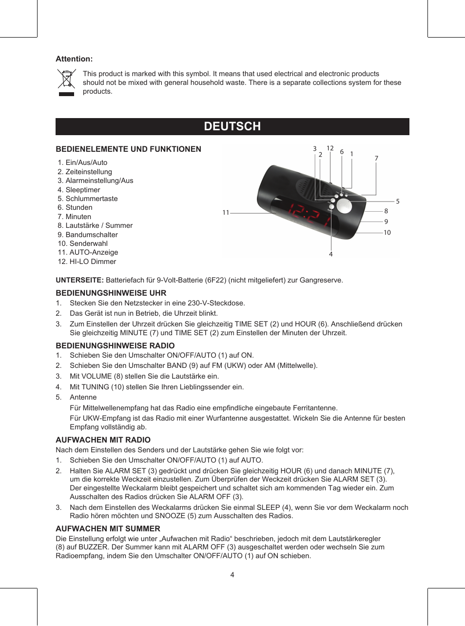 Deutsch, Anleitung (s. 4), Uhrenradio | Konig Electronic AM/FM clock radio with red LED User Manual | Page 4 / 32