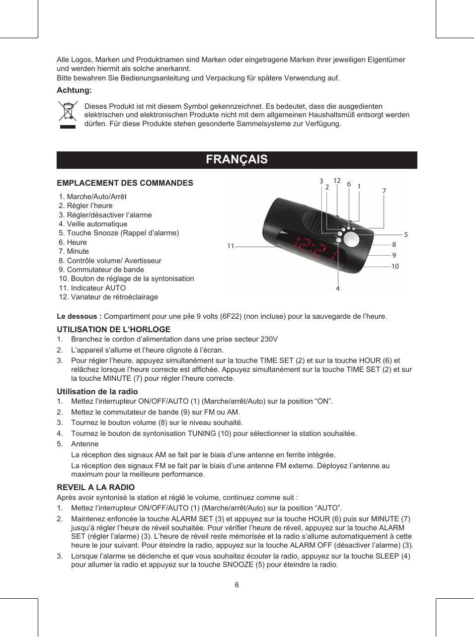 Français, Mode d’emploi (p. 6), Radio réveil | Konig Electronic AM/FM clock radio with red LED User Manual | Page 6 / 32