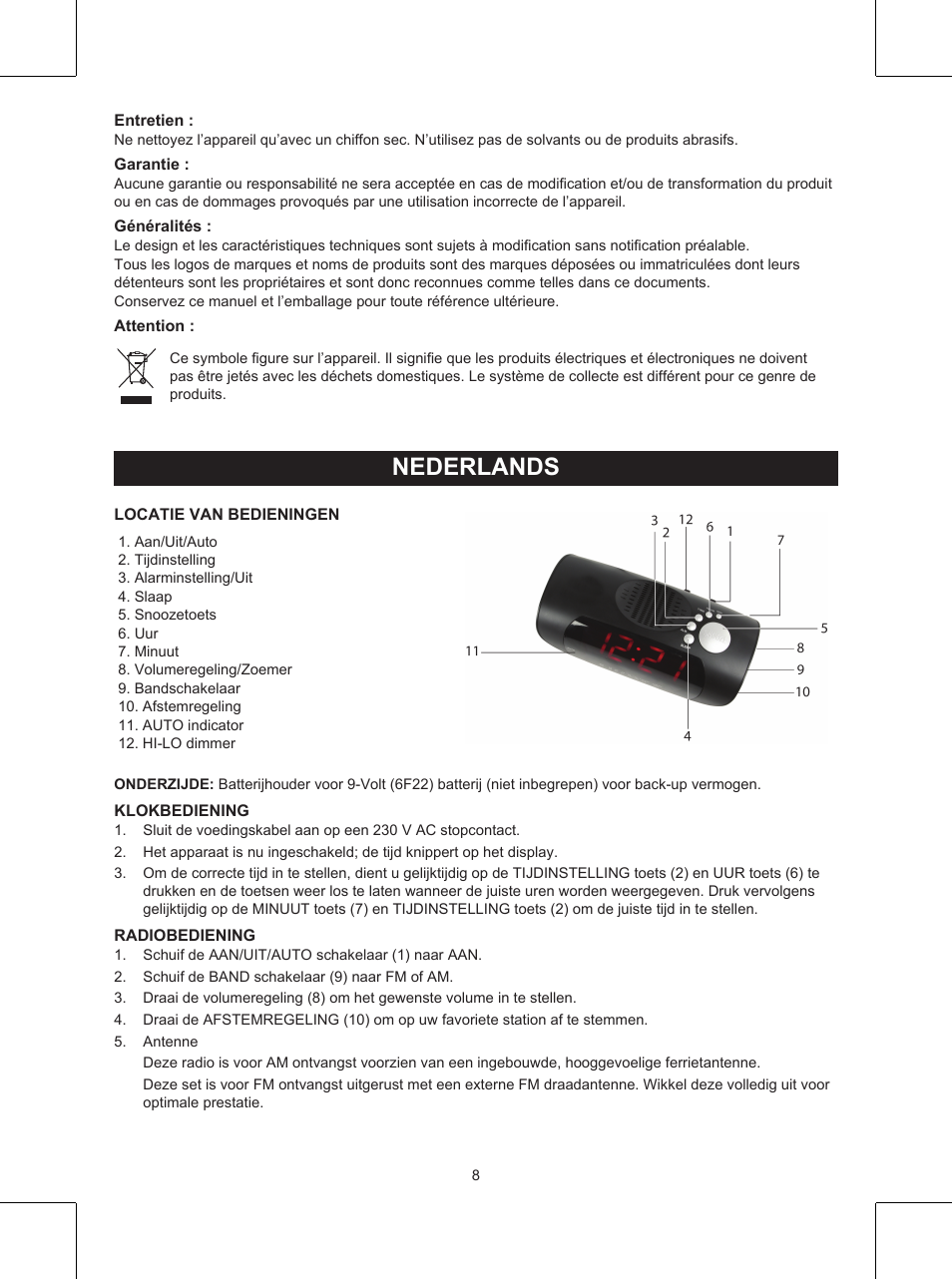 Nederlands, Gebruiksaanwijzing (p. 8), Klokradio | Konig Electronic AM/FM clock radio with red LED User Manual | Page 8 / 32