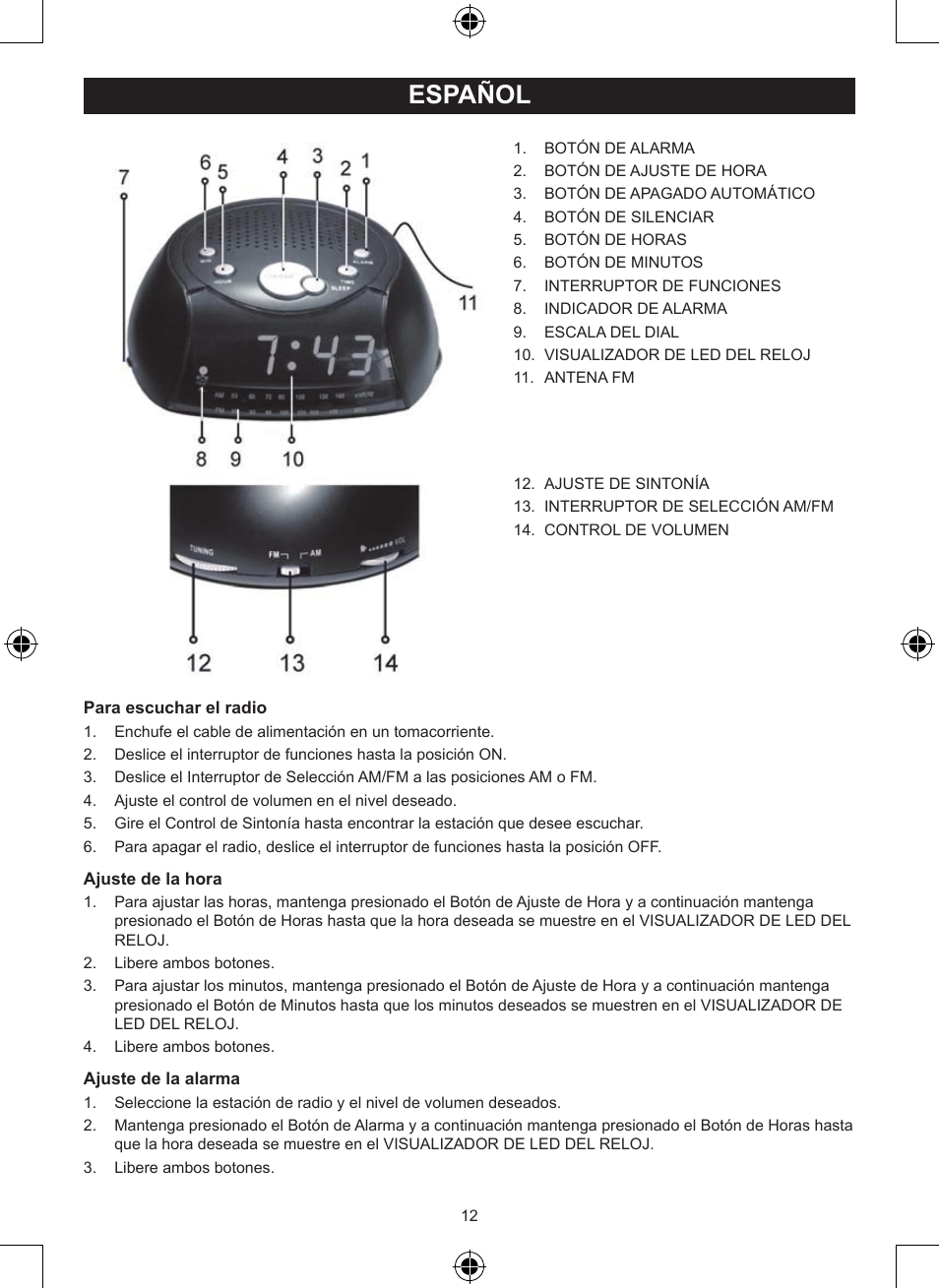 Español, Manual de uso (p. 12), Radio reloj | Konig Electronic AM/FM radio alarm clock User Manual | Page 12 / 30