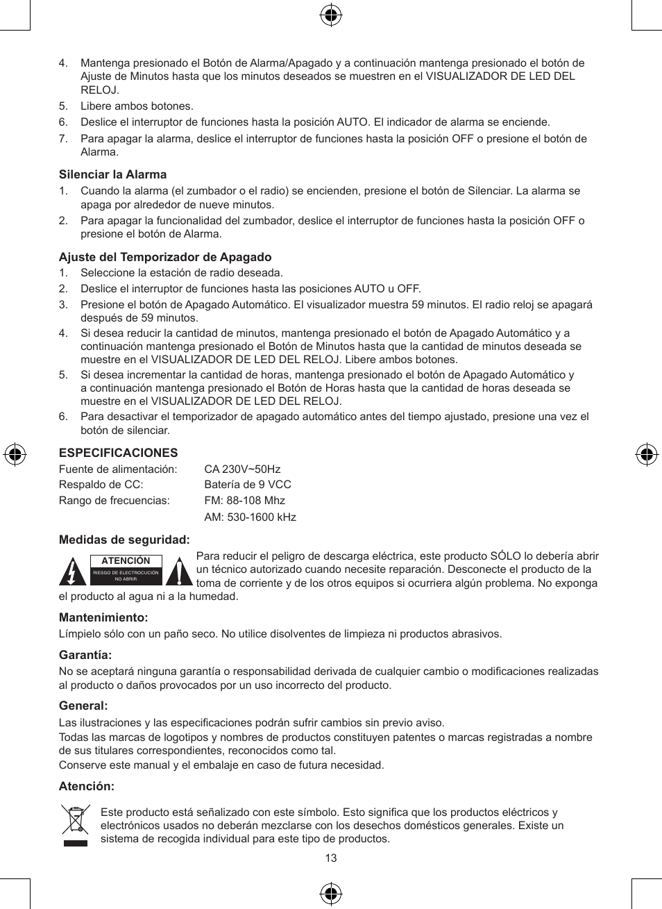 Konig Electronic AM/FM radio alarm clock User Manual | Page 13 / 30