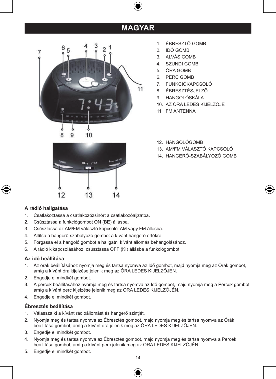 Magyar, Használati útmutató (o. 14.), Órás rádió | Konig Electronic AM/FM radio alarm clock User Manual | Page 14 / 30