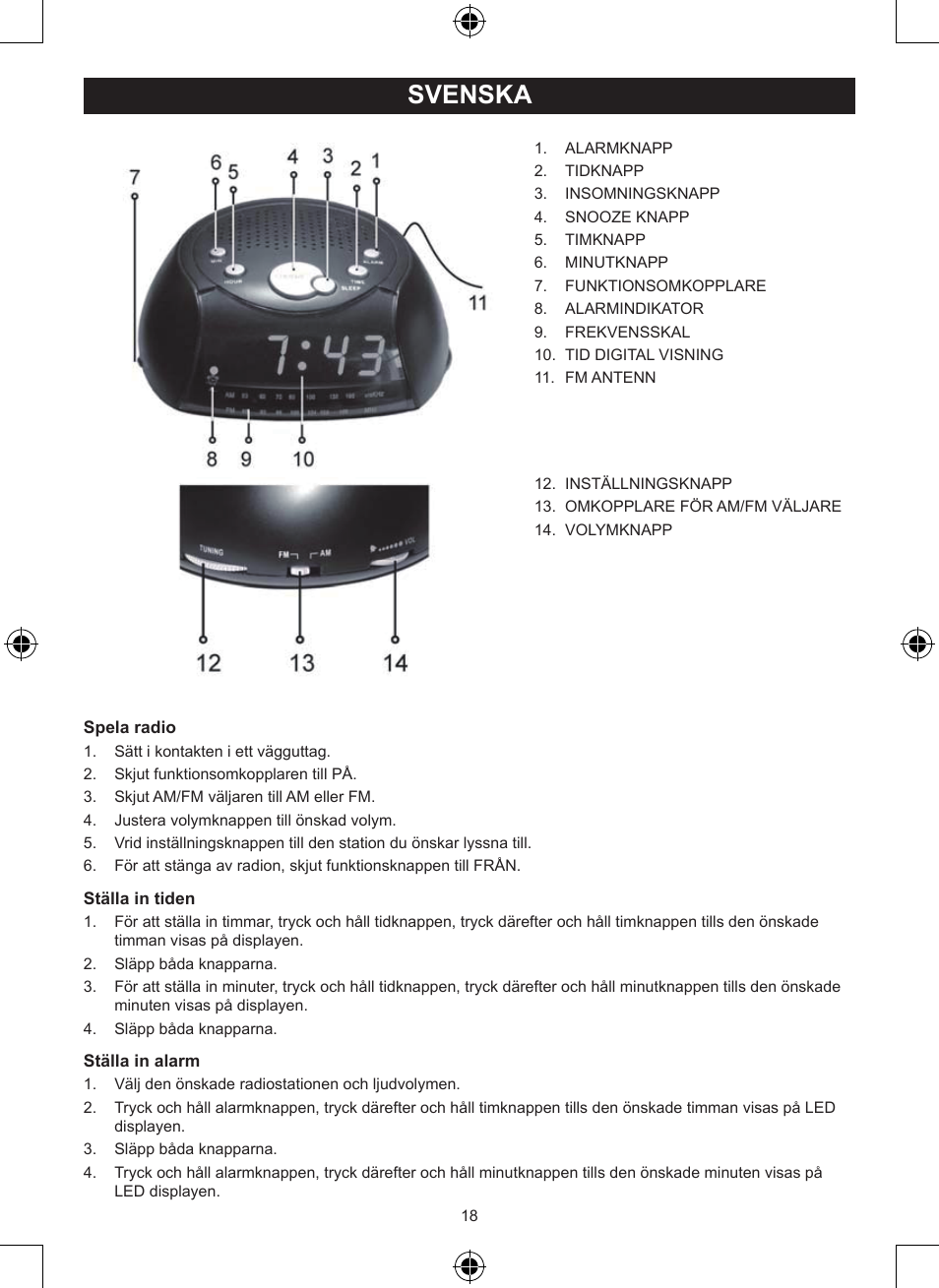 Svenska, Bruksanvisning (s. 18), Klock-radio | Konig Electronic AM/FM radio alarm clock User Manual | Page 18 / 30