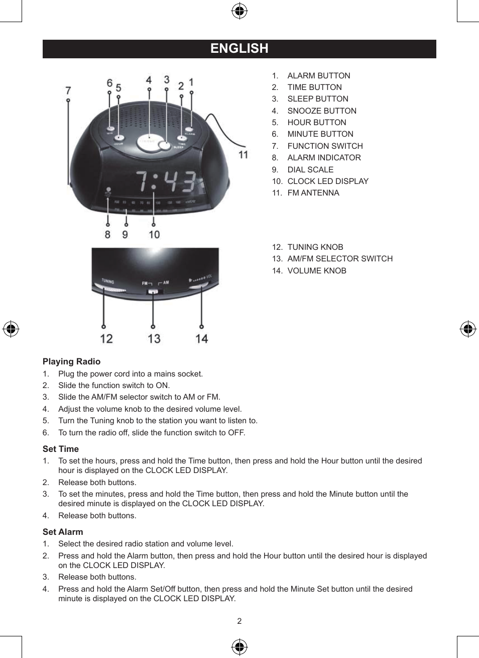 English, Manual (p. 2), Clock radio | Konig Electronic AM/FM radio alarm clock User Manual | Page 2 / 30