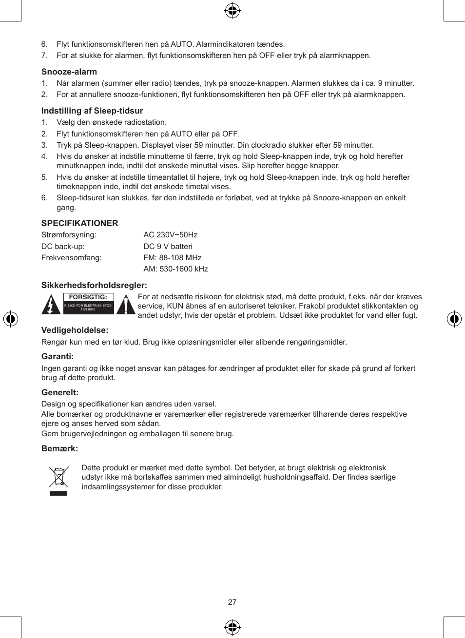 Konig Electronic AM/FM radio alarm clock User Manual | Page 27 / 30