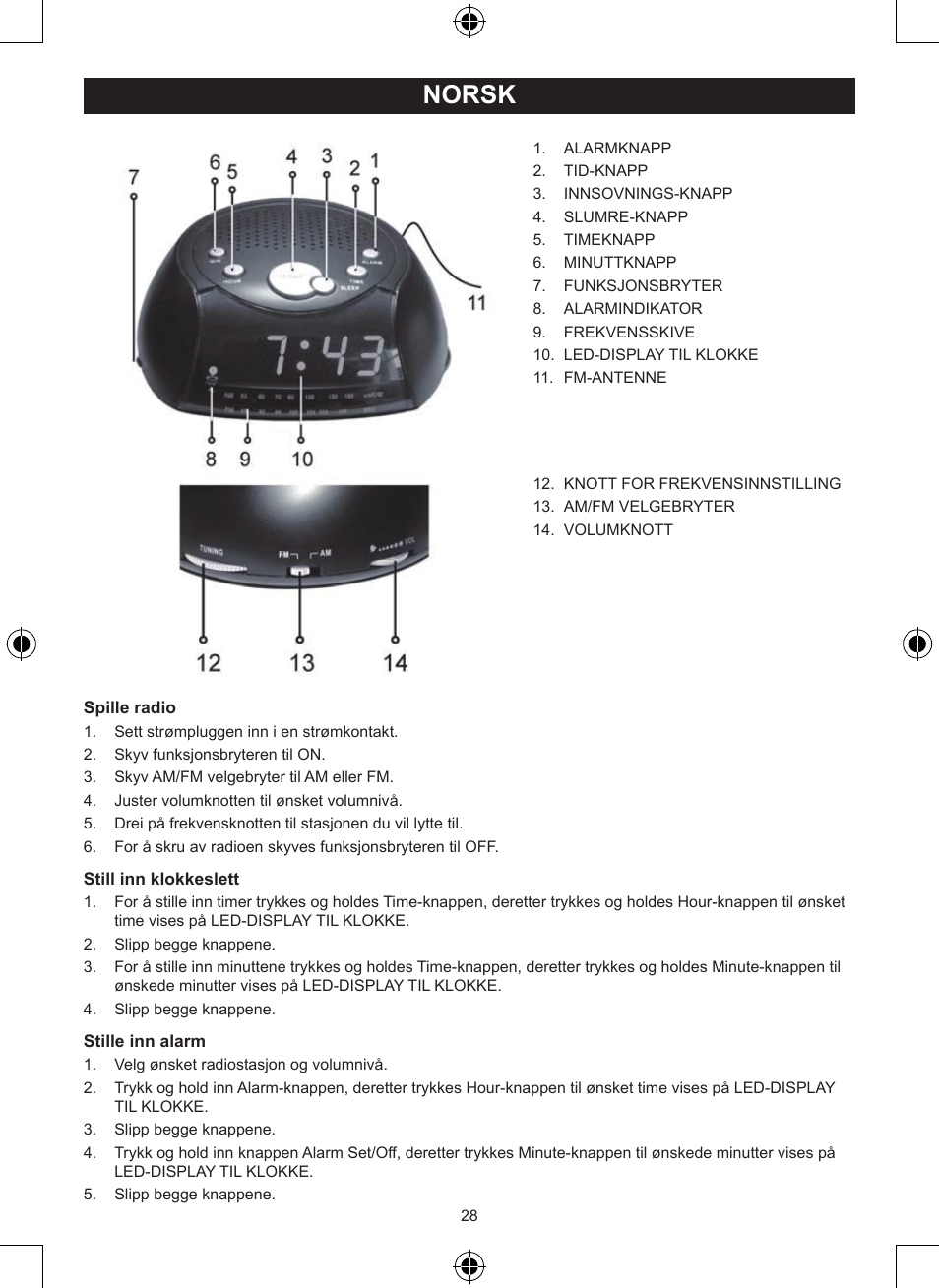 Norsk, Veiledning (σελ. 28), Klokkeradio | Konig Electronic AM/FM radio alarm clock User Manual | Page 28 / 30