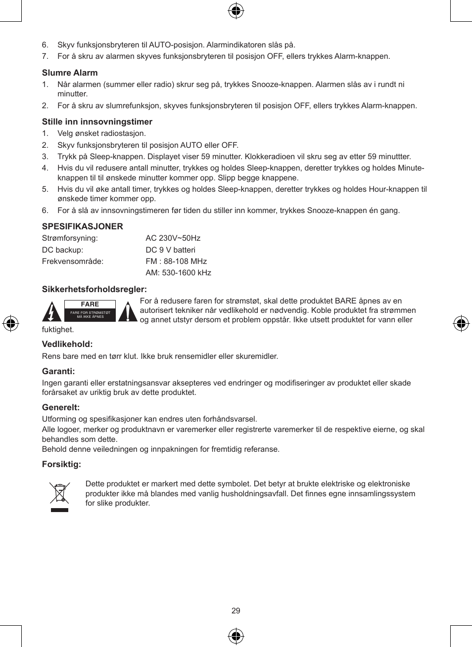 Konig Electronic AM/FM radio alarm clock User Manual | Page 29 / 30