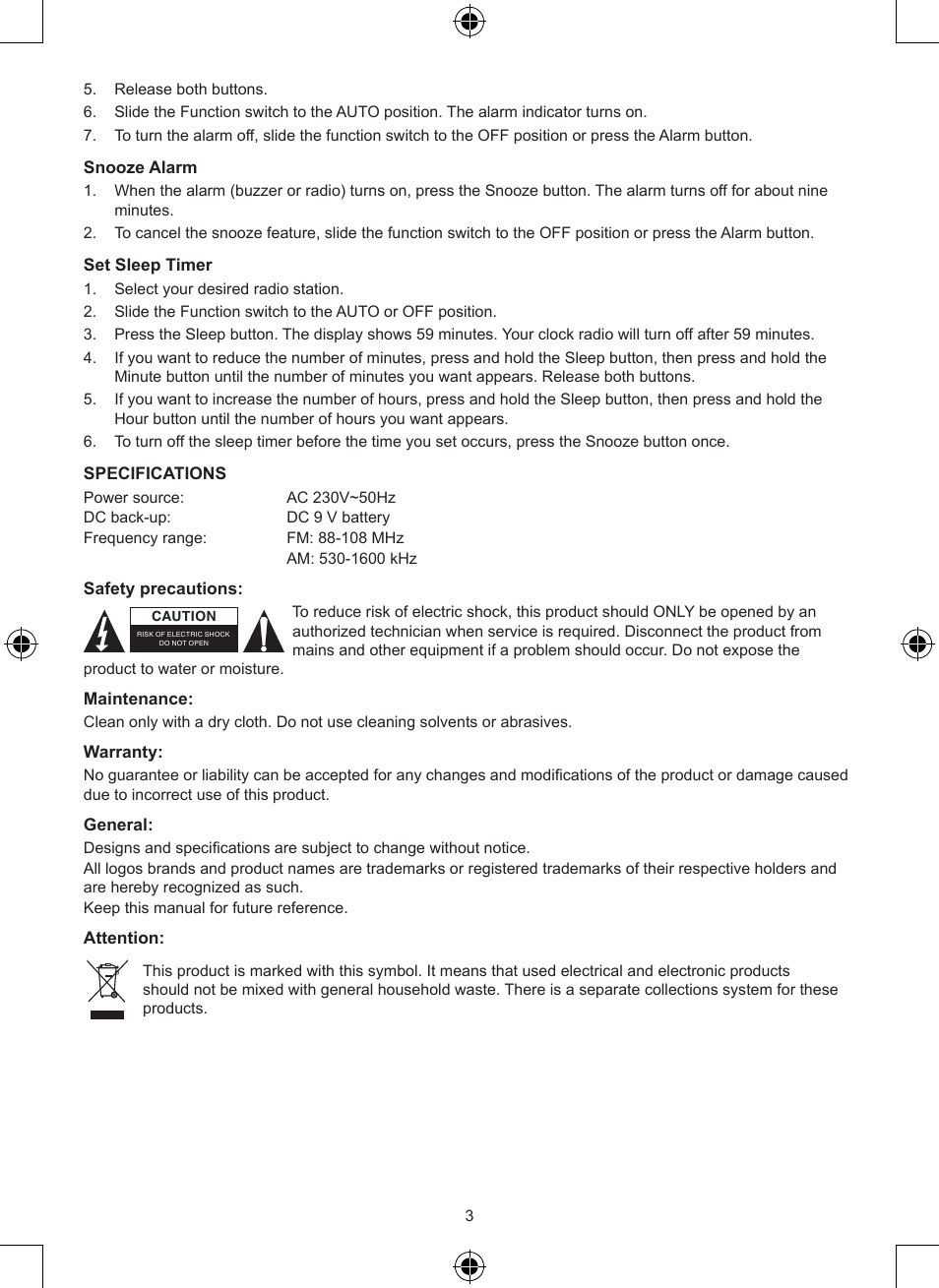 Konig Electronic AM/FM radio alarm clock User Manual | Page 3 / 30