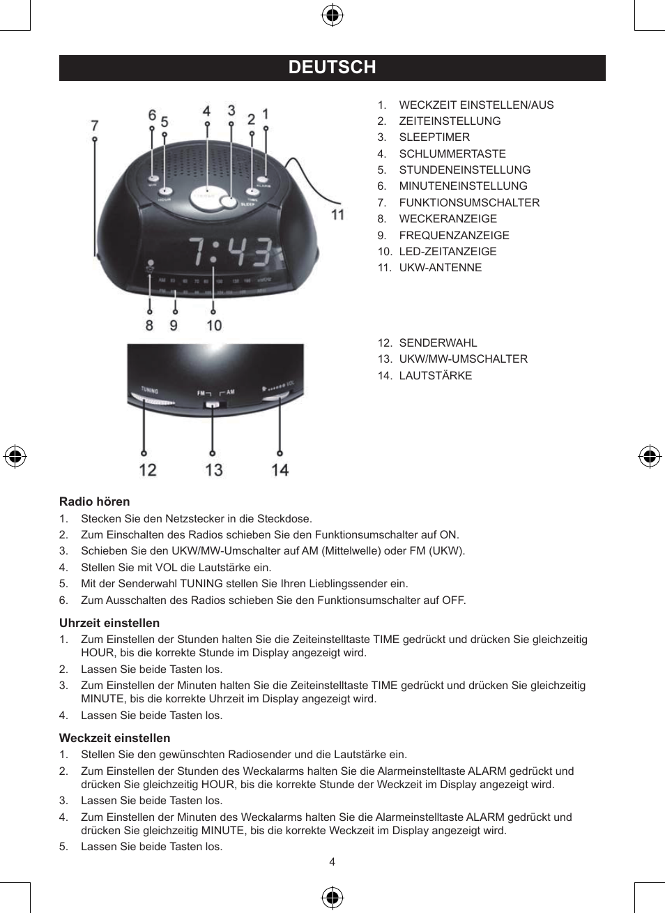 Deutsch, Anleitung (s. 4), Uhrenradio | Konig Electronic AM/FM radio alarm clock User Manual | Page 4 / 30