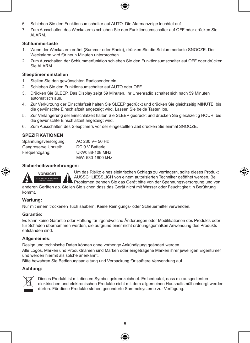 Konig Electronic AM/FM radio alarm clock User Manual | Page 5 / 30