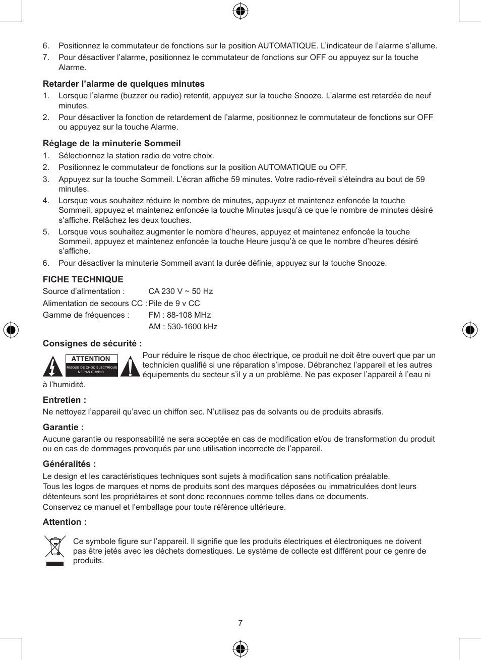 Konig Electronic AM/FM radio alarm clock User Manual | Page 7 / 30