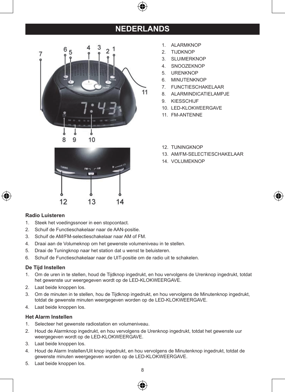 Nederlands, Gebruiksaanwijzing (p. 8), Klokradio | Konig Electronic AM/FM radio alarm clock User Manual | Page 8 / 30