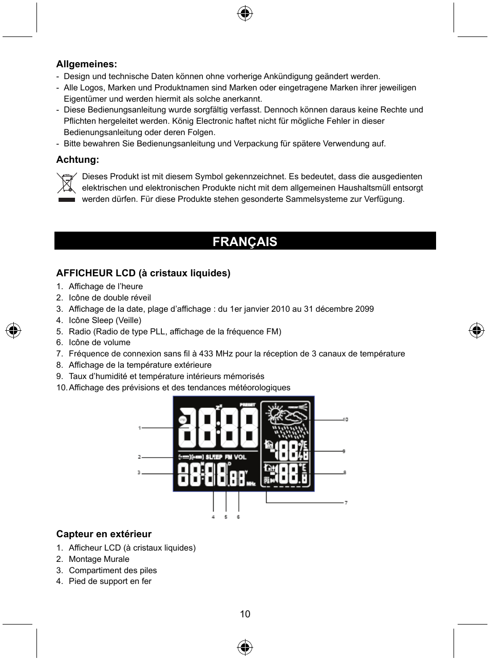 Français | Konig Electronic Radio alarm clock with outside sensor User Manual | Page 10 / 62