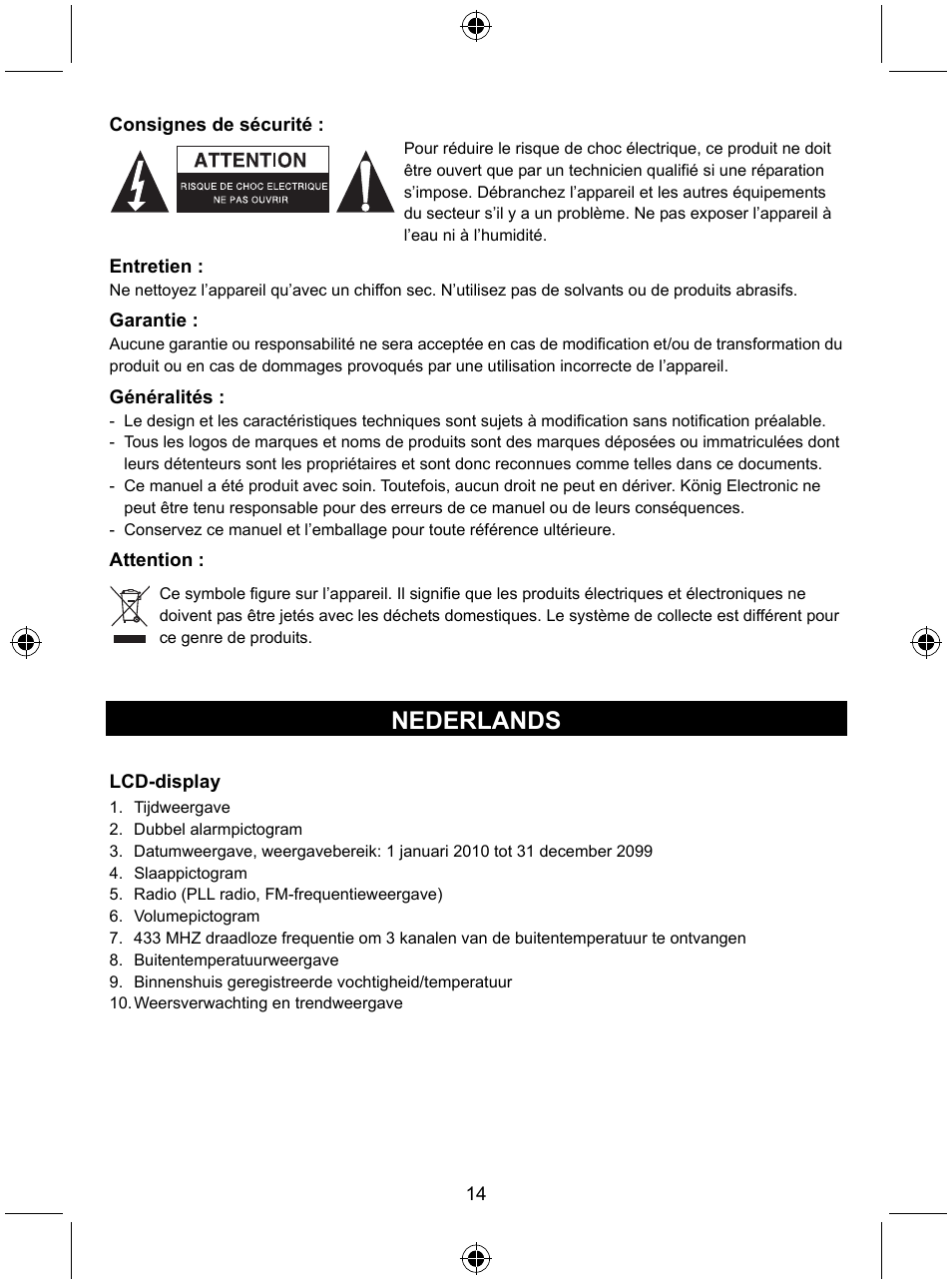 Nederlands | Konig Electronic Radio alarm clock with outside sensor User Manual | Page 14 / 62