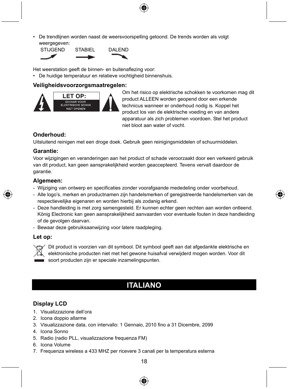 Italiano | Konig Electronic Radio alarm clock with outside sensor User Manual | Page 18 / 62