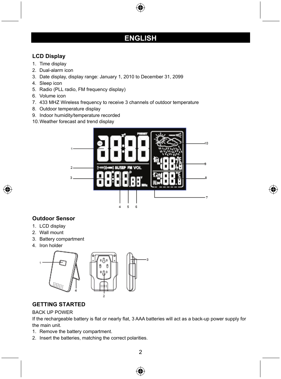 English | Konig Electronic Radio alarm clock with outside sensor User Manual | Page 2 / 62