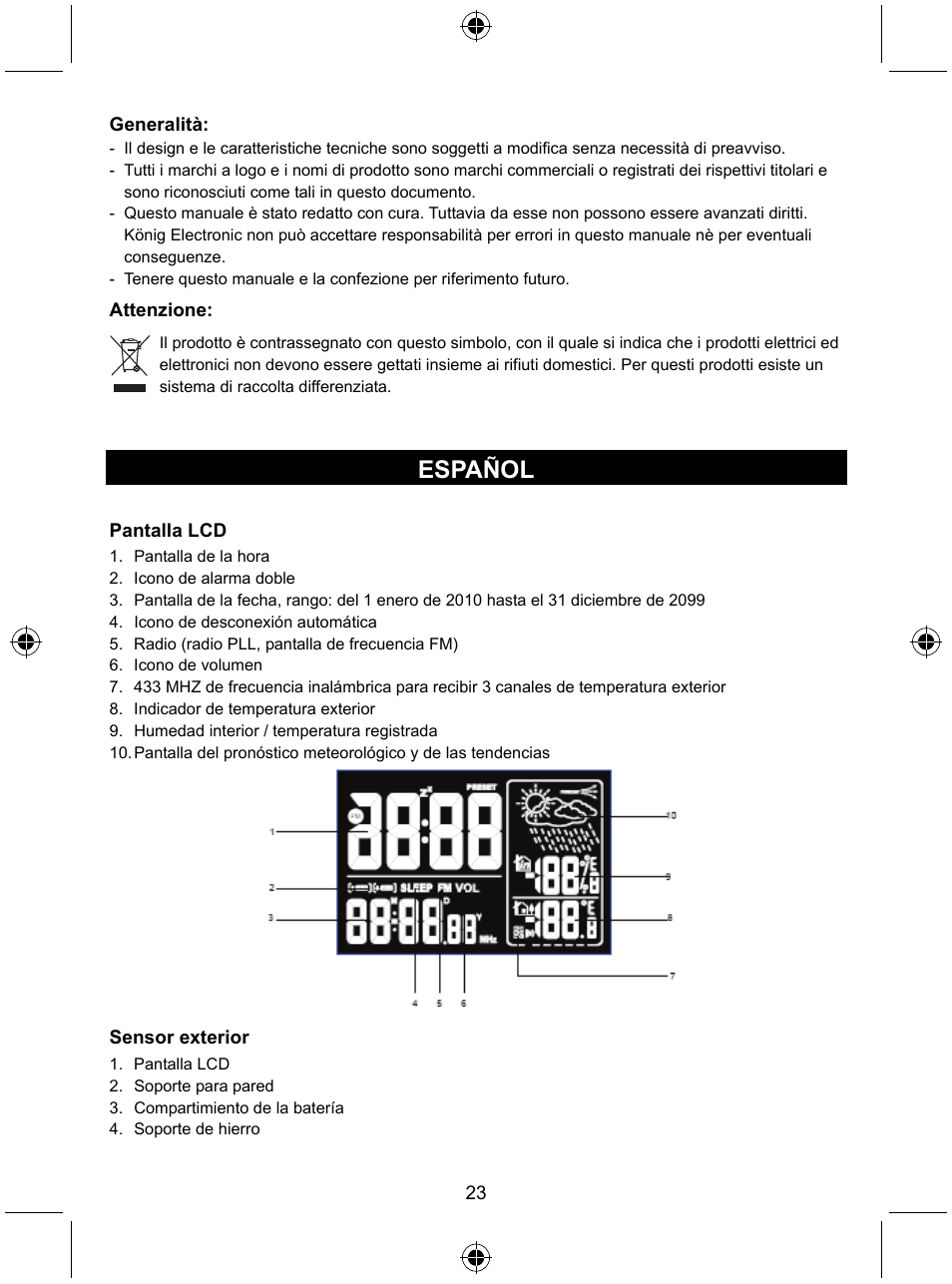 Español | Konig Electronic Radio alarm clock with outside sensor User Manual | Page 23 / 62
