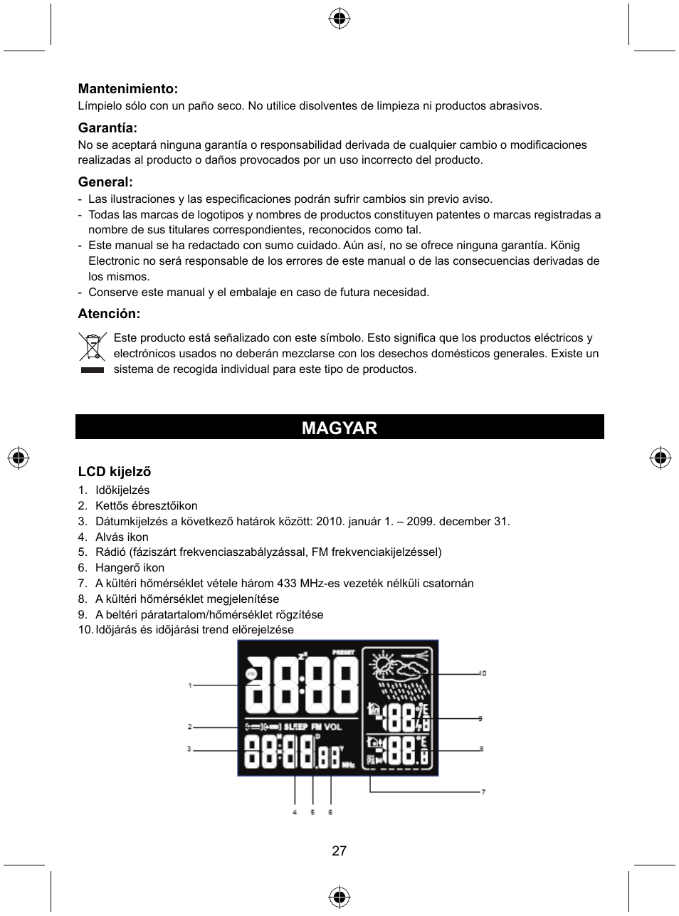 Magyar | Konig Electronic Radio alarm clock with outside sensor User Manual | Page 27 / 62