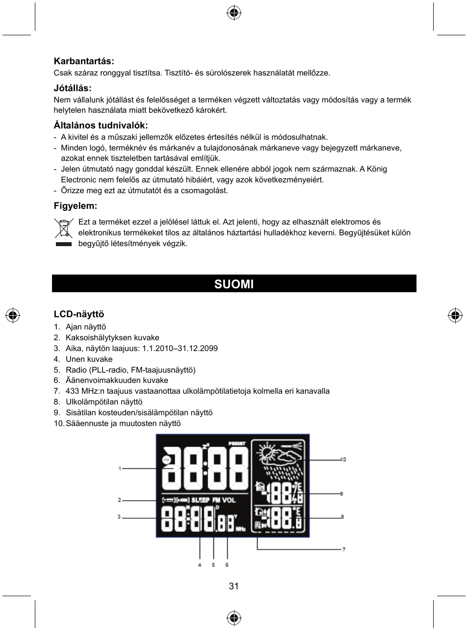 Suomi | Konig Electronic Radio alarm clock with outside sensor User Manual | Page 31 / 62
