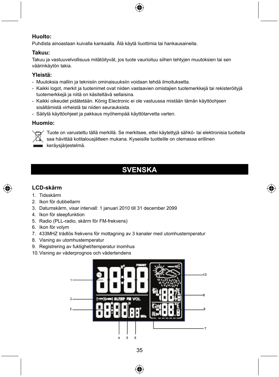 Svenska | Konig Electronic Radio alarm clock with outside sensor User Manual | Page 35 / 62