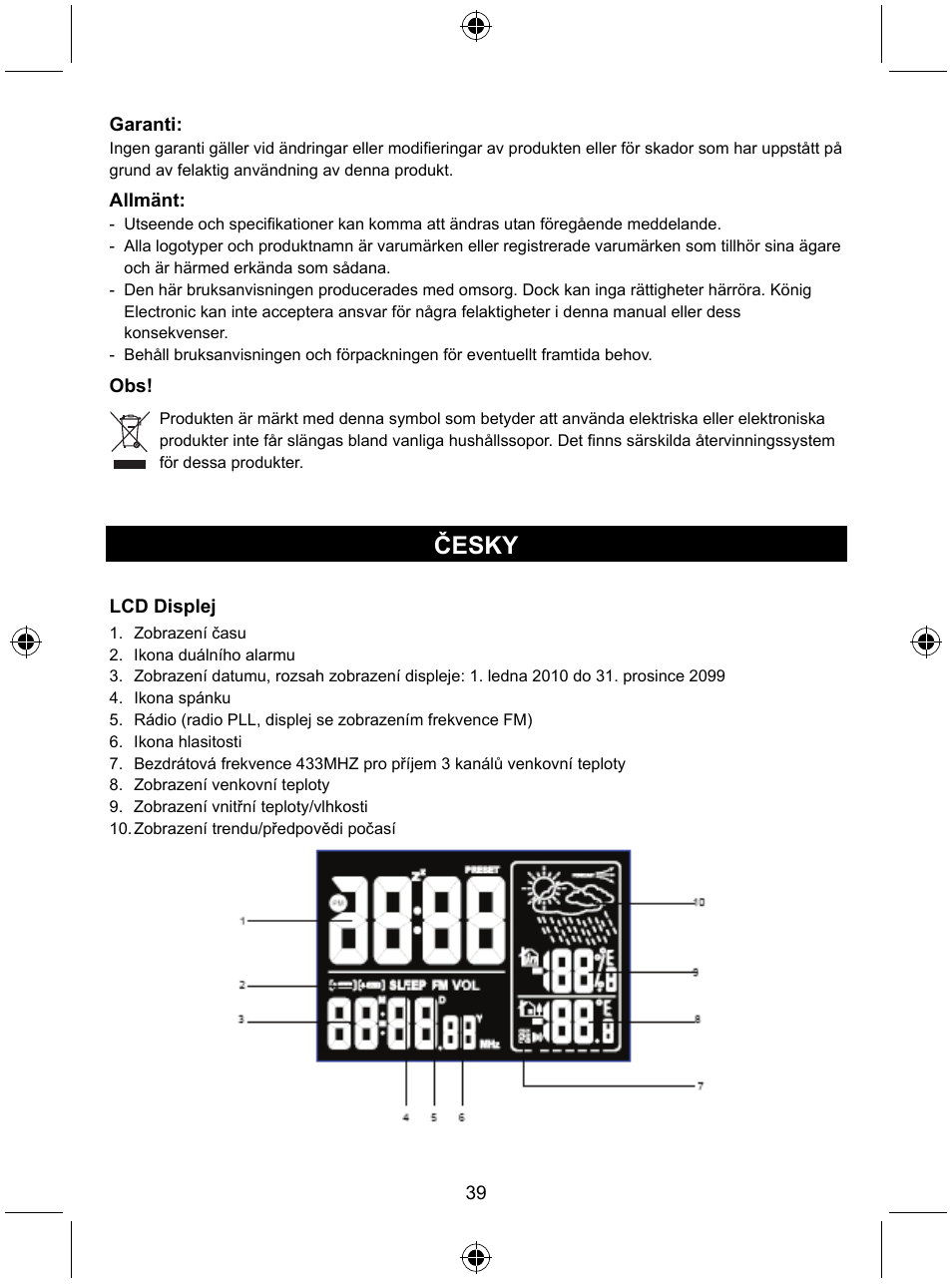 Česky | Konig Electronic Radio alarm clock with outside sensor User Manual | Page 39 / 62