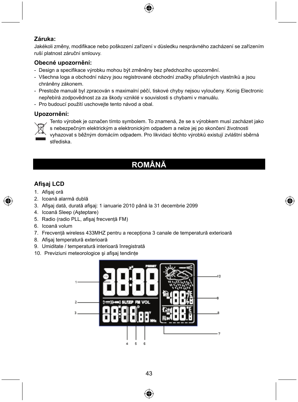 Română | Konig Electronic Radio alarm clock with outside sensor User Manual | Page 43 / 62