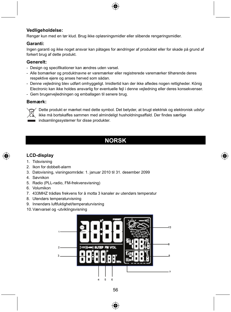 Norsk | Konig Electronic Radio alarm clock with outside sensor User Manual | Page 56 / 62