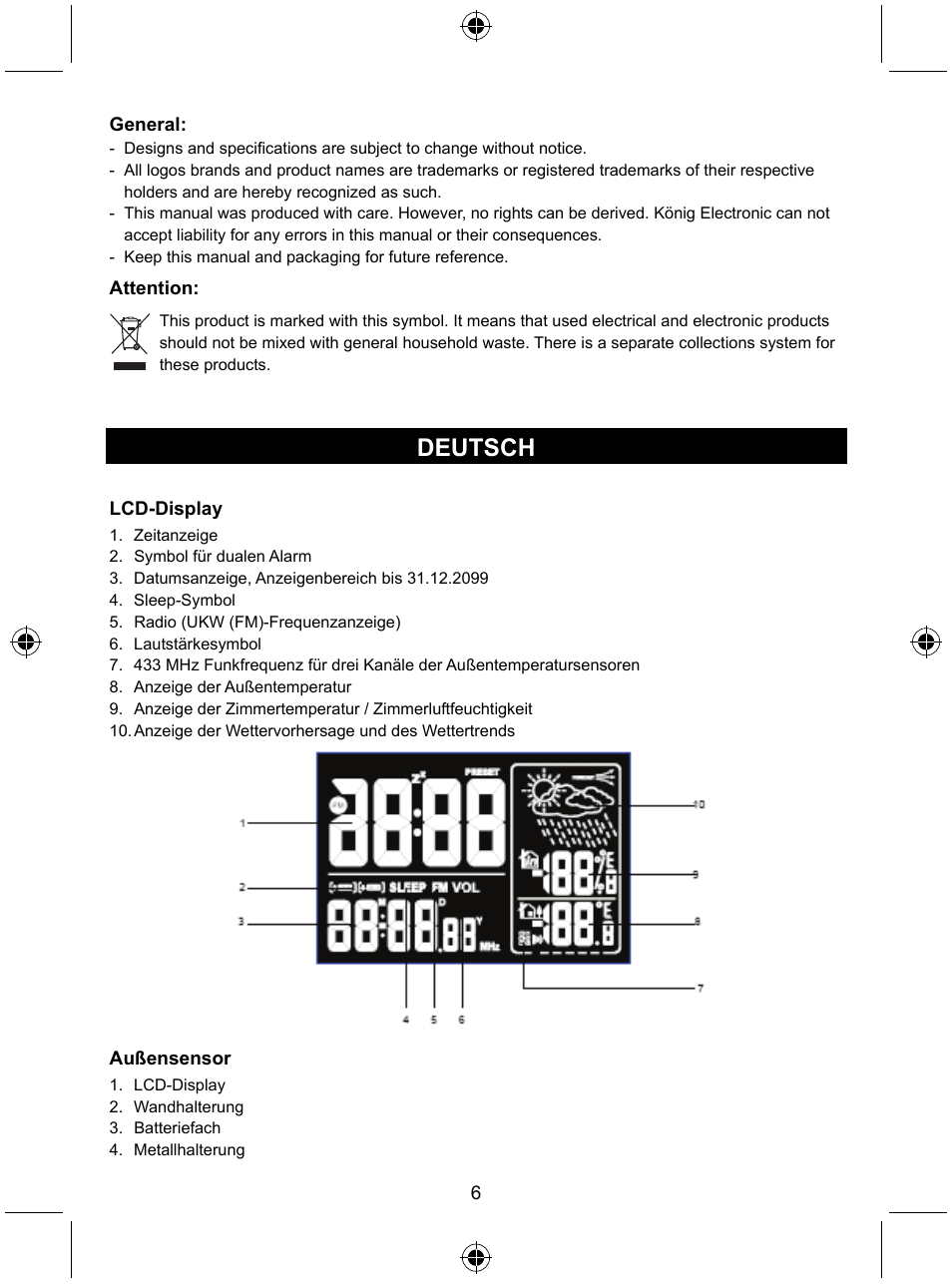 Deutsch | Konig Electronic Radio alarm clock with outside sensor User Manual | Page 6 / 62