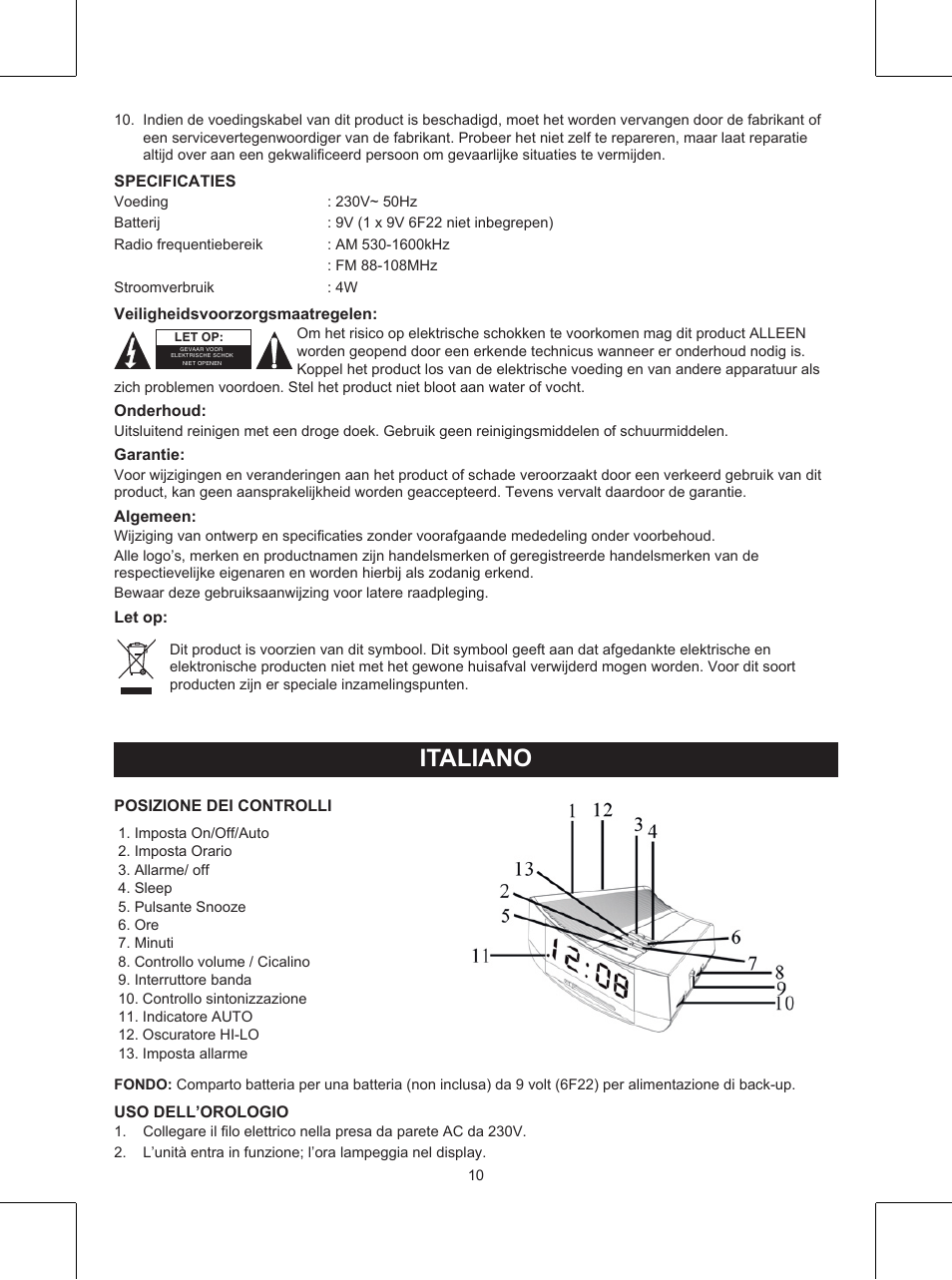 Italiano, Manuale (p. 10), Radiosveglia | Konig Electronic AM/FM clock radio with white led User Manual | Page 10 / 32