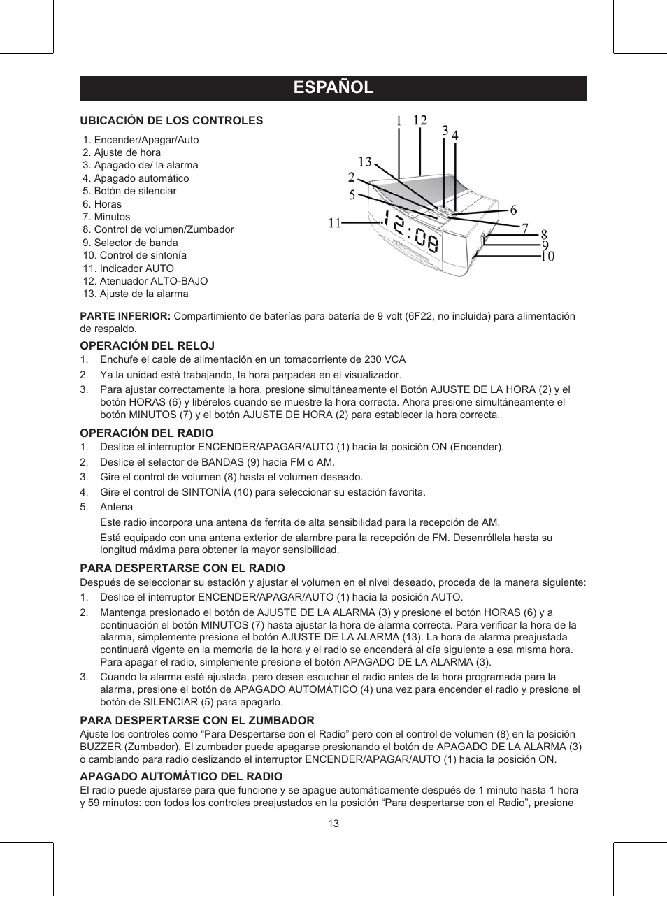 Español, Manual de uso (p. 13), Radio reloj | Konig Electronic AM/FM clock radio with white led User Manual | Page 13 / 32