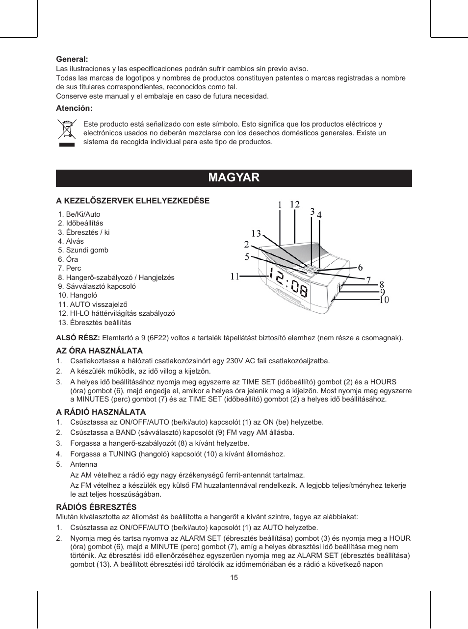 Magyar, Használati útmutató (o. 15.), Órás rádió | Konig Electronic AM/FM clock radio with white led User Manual | Page 15 / 32