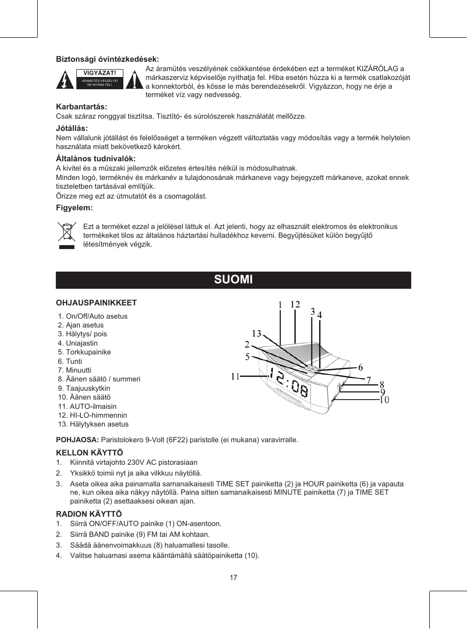 Suomi, Käyttöohje (s. 17), Kelloradio | Konig Electronic AM/FM clock radio with white led User Manual | Page 17 / 32