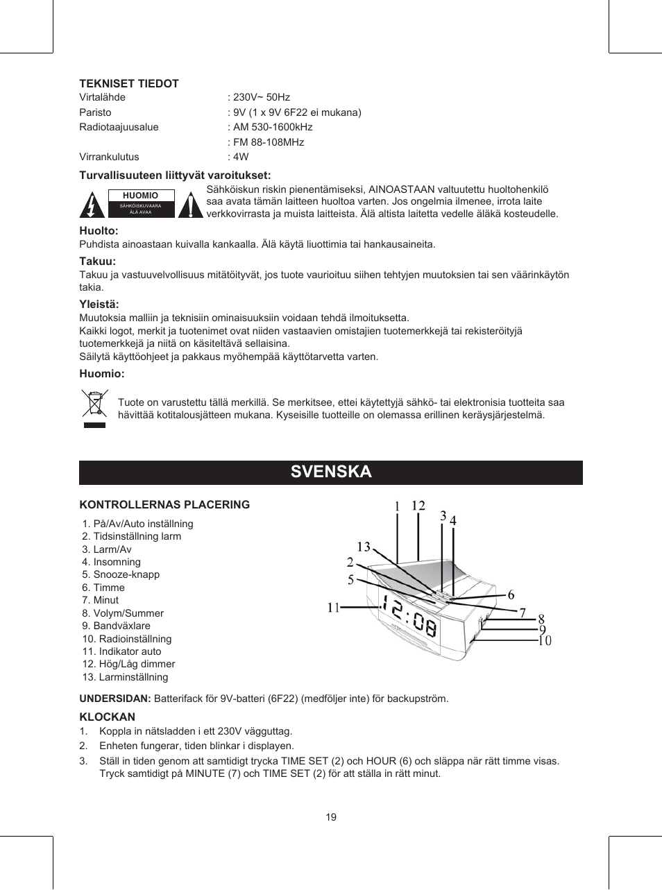 Svenska, Bruksanvisning (s. 19), Klockradio | Konig Electronic AM/FM clock radio with white led User Manual | Page 19 / 32