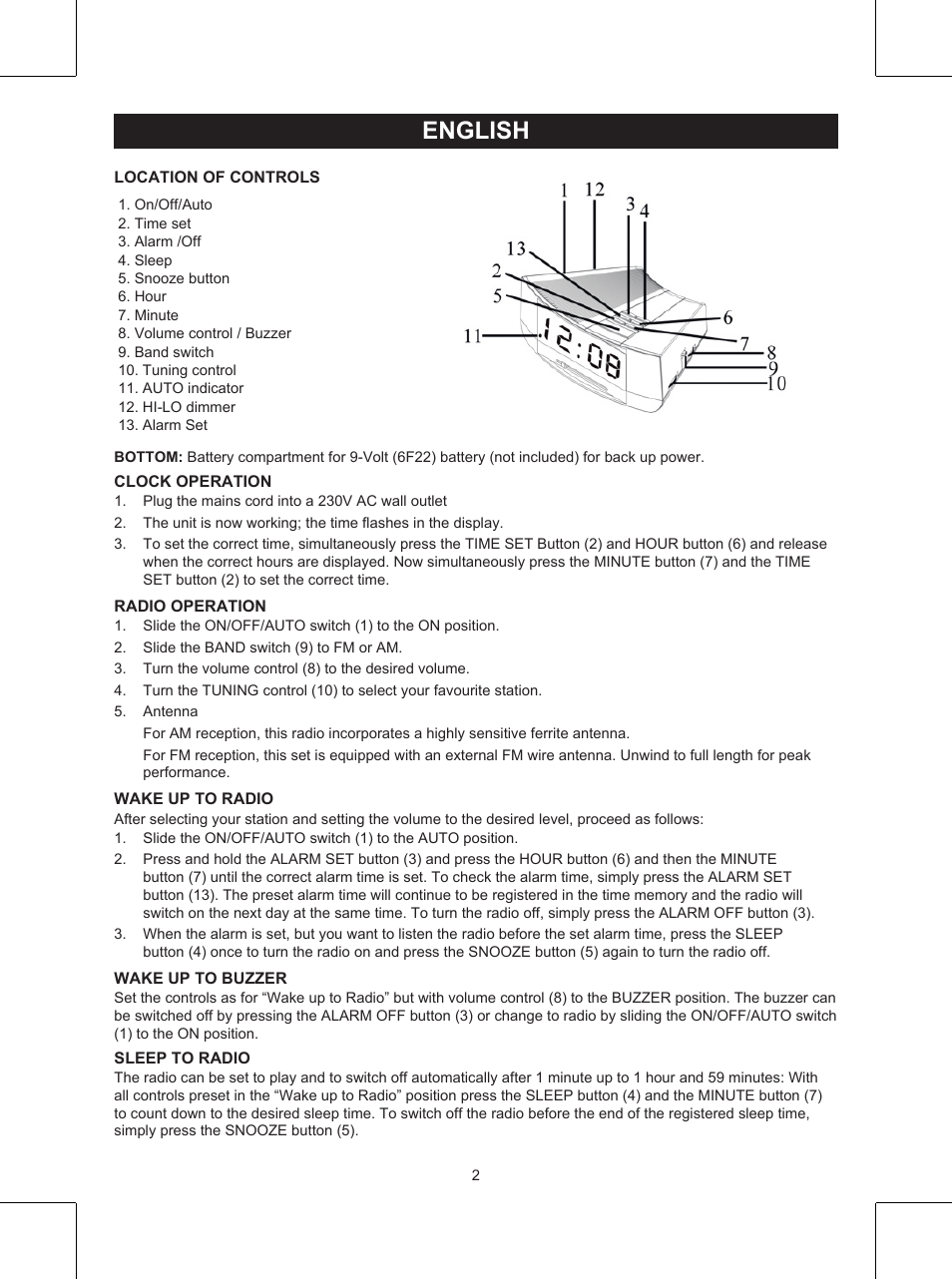 English, Manual (p. 2), Clock radio | Konig Electronic AM/FM clock radio with white led User Manual | Page 2 / 32