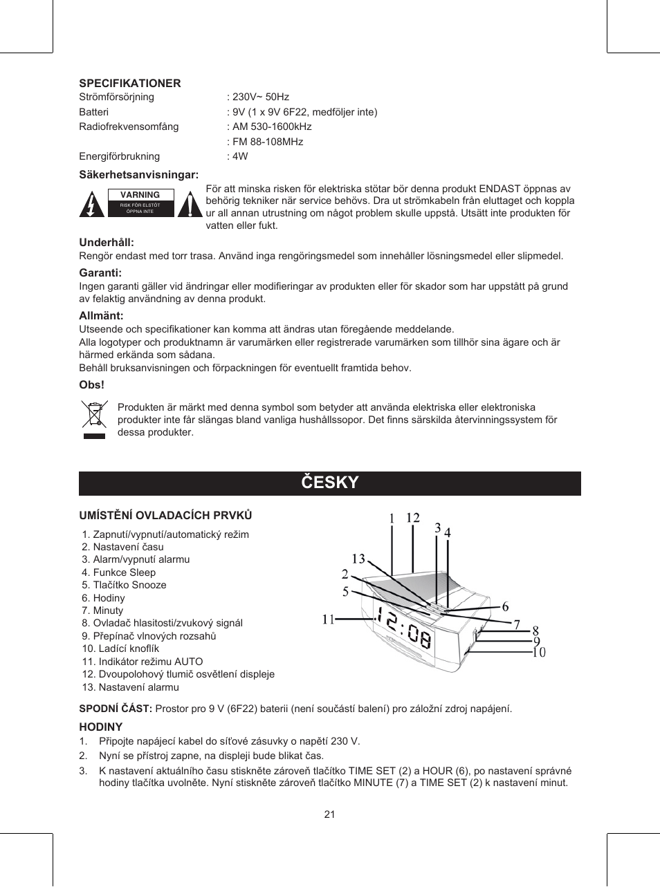 Česky, Návod k použití (s. 21), Rádio s hodinami | Konig Electronic AM/FM clock radio with white led User Manual | Page 21 / 32