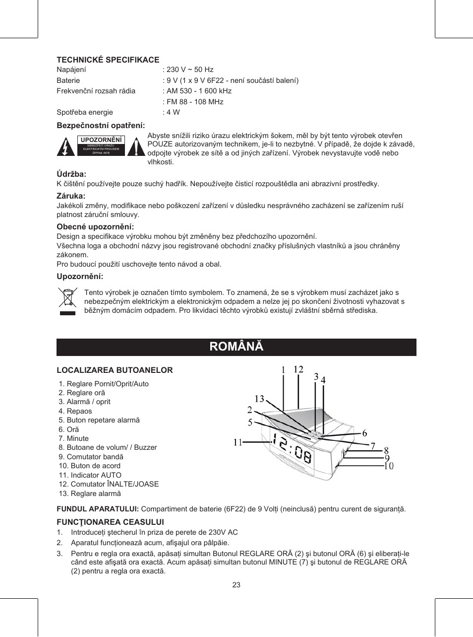 Română, Manual de utilizare (p. 23), Radio cu ceas | Konig Electronic AM/FM clock radio with white led User Manual | Page 23 / 32