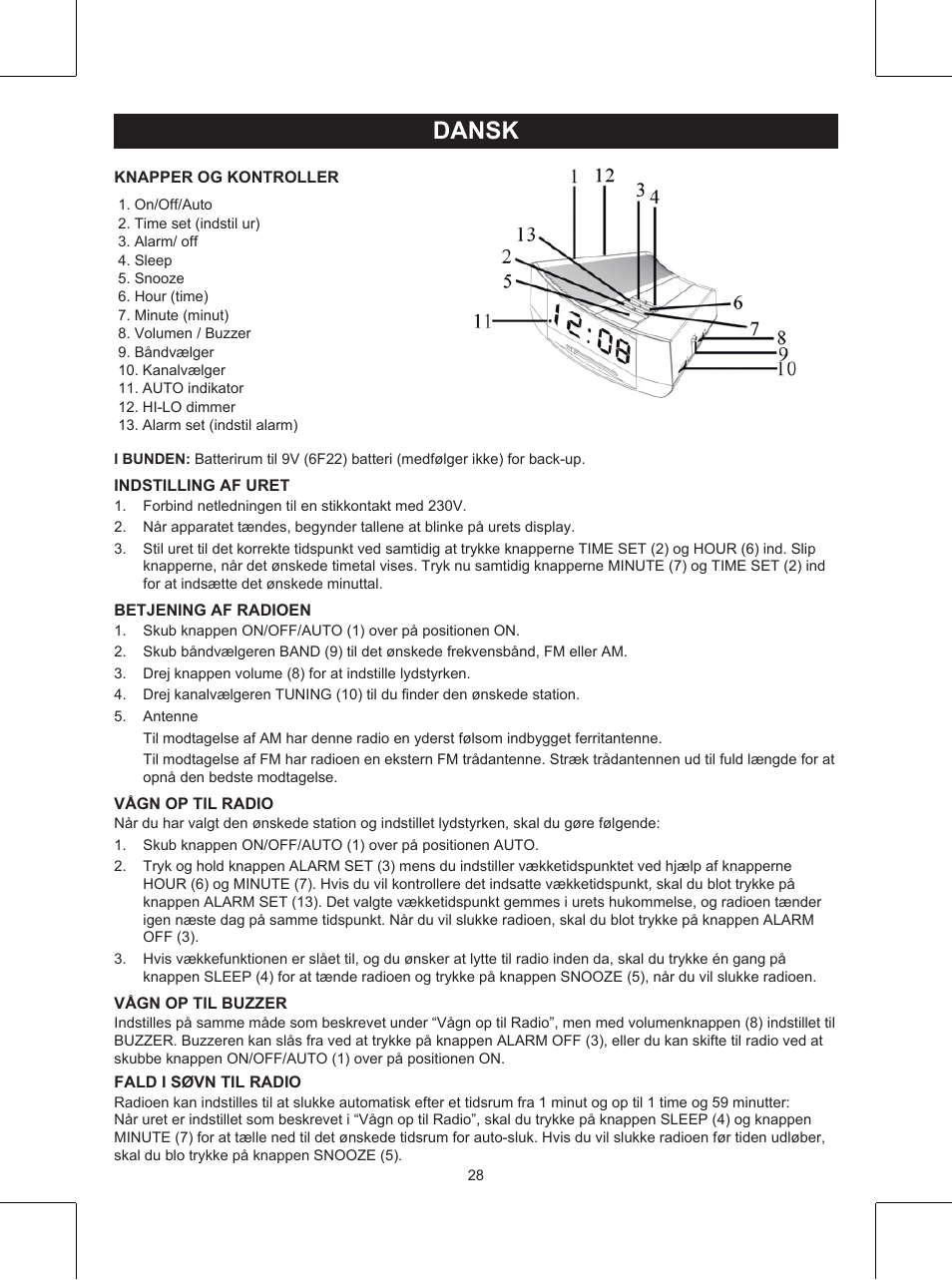 Dansk, Brugervejledning (p. 28), Clock radio | Konig Electronic AM/FM clock radio with white led User Manual | Page 28 / 32