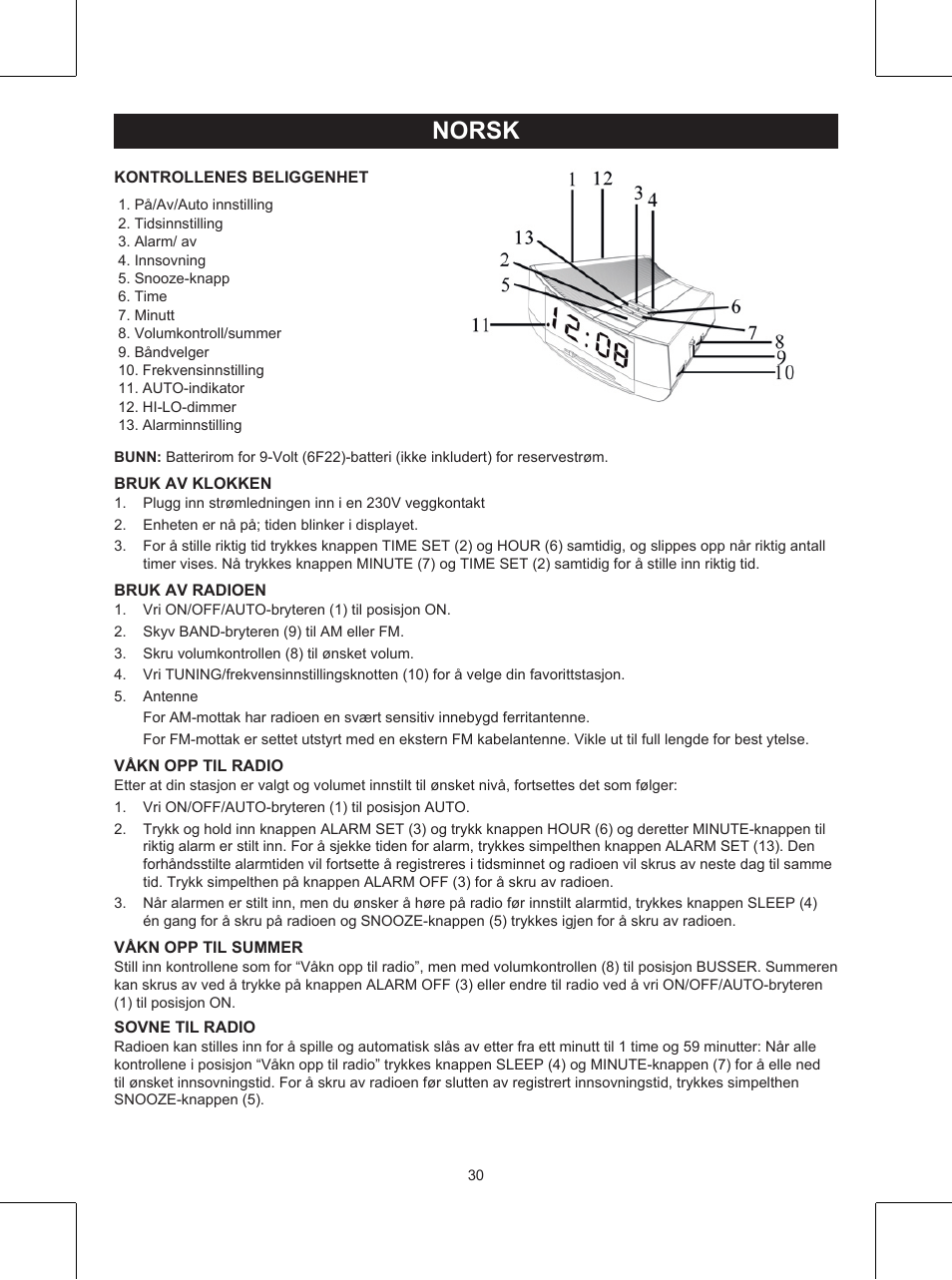 Norsk, Veiledning (σελ. 30), Klokkeradio | Konig Electronic AM/FM clock radio with white led User Manual | Page 30 / 32