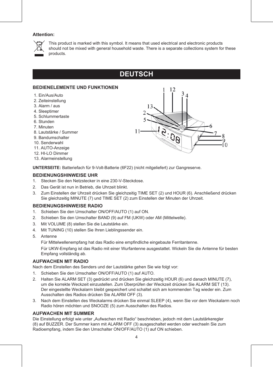 Deutsch, Anleitung (s. 4), Uhrenradio | Konig Electronic AM/FM clock radio with white led User Manual | Page 4 / 32