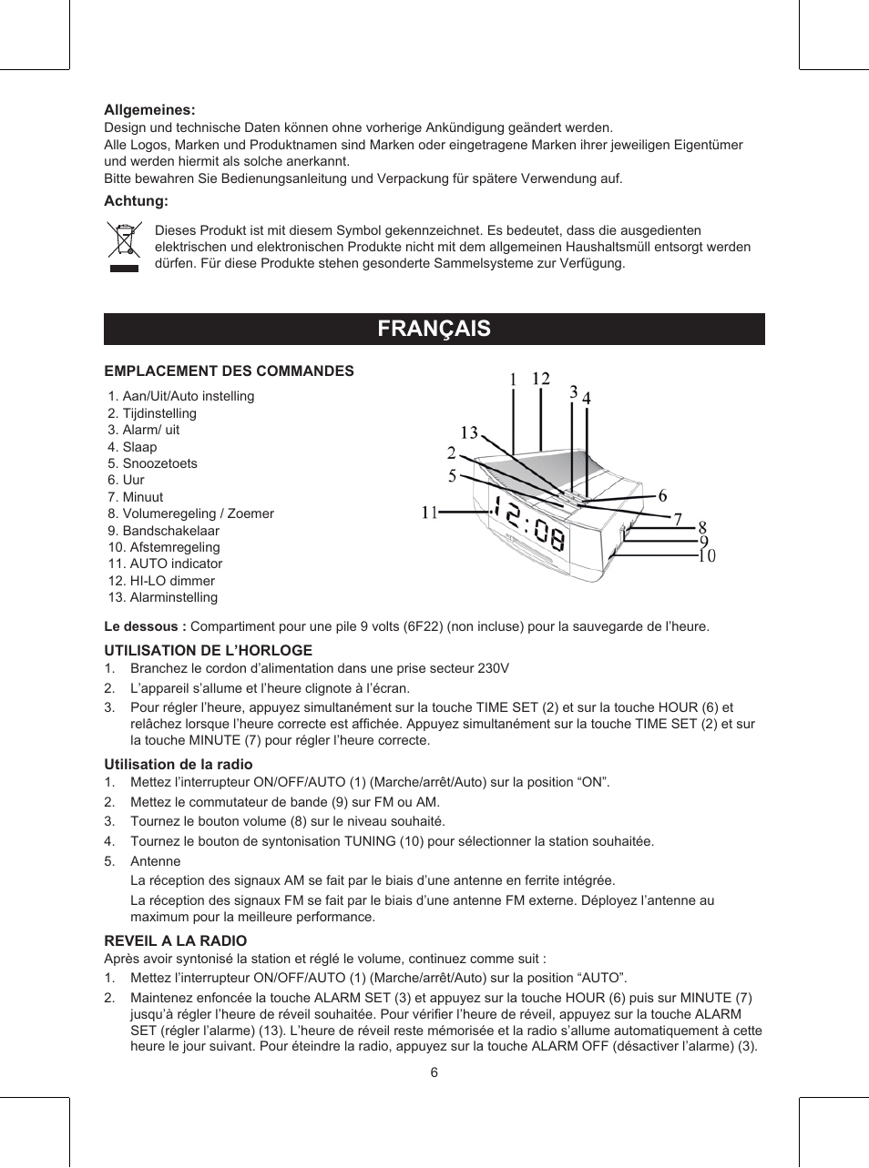 Français, Mode d’emploi (p. 6), Radio réveil | Konig Electronic AM/FM clock radio with white led User Manual | Page 6 / 32